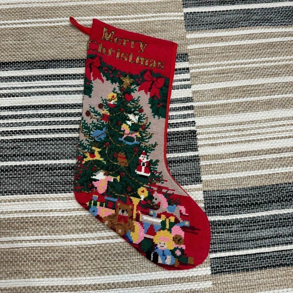Needlepoint Merry Christmas Tree Stocking Beads Toys Garland Teddy Bear